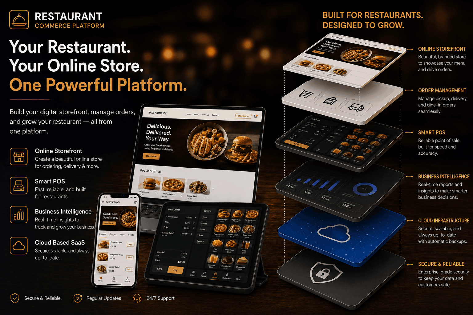 Restaurant Commerce Platform overview: online storefront, order management, point of sale, business intelligence, cloud infrastructure, and security, shown as one connected system